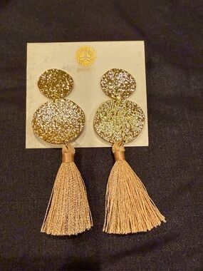 Gorjana Gold Tone Hammered Disc Tassel Drop Dangle Earrings Statement